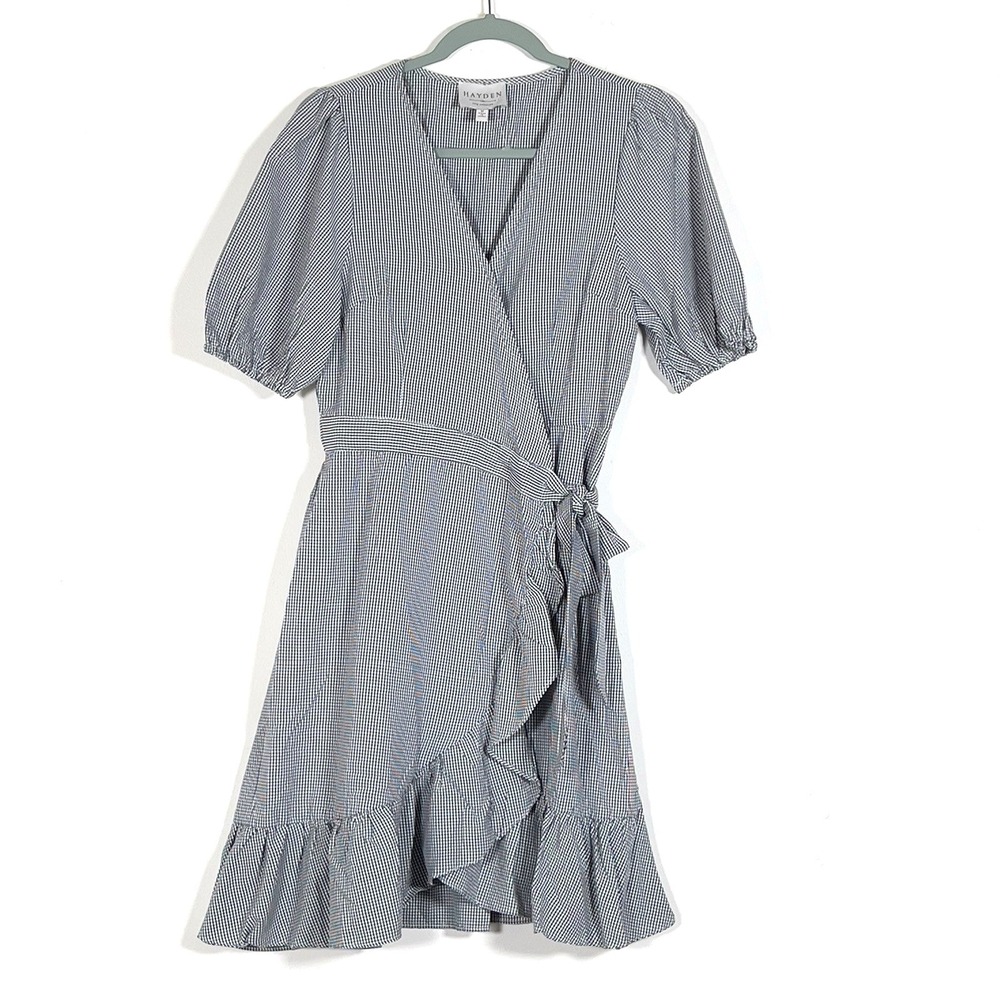 Hayden Wrap Mini Dress Womens‎ Sz M Gingham Short Sleeve Ruffle Hem